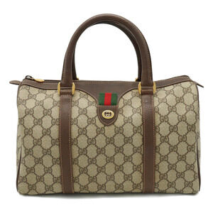Gucci Sherry Boston Handbag Canvas Leather Beige Brown Cream Brown